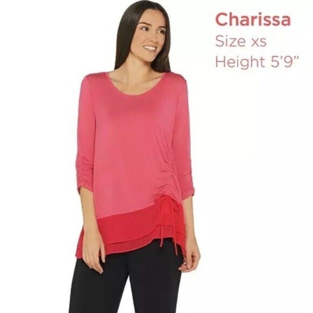 H by Halston Scoop-Neck Asymmetric Woven Hem Tunic Rose Pink Size XS